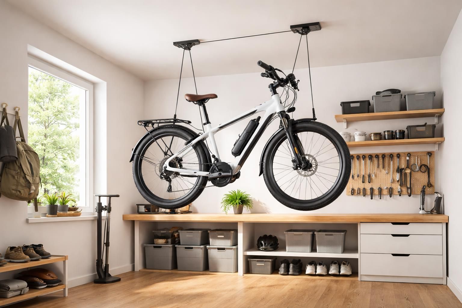 découvrez nos astuces pratiques pour suspendre un vélo électrique et optimiser l'espace au plafond, afin de gagner de la place dans votre garage ou votre appartement.