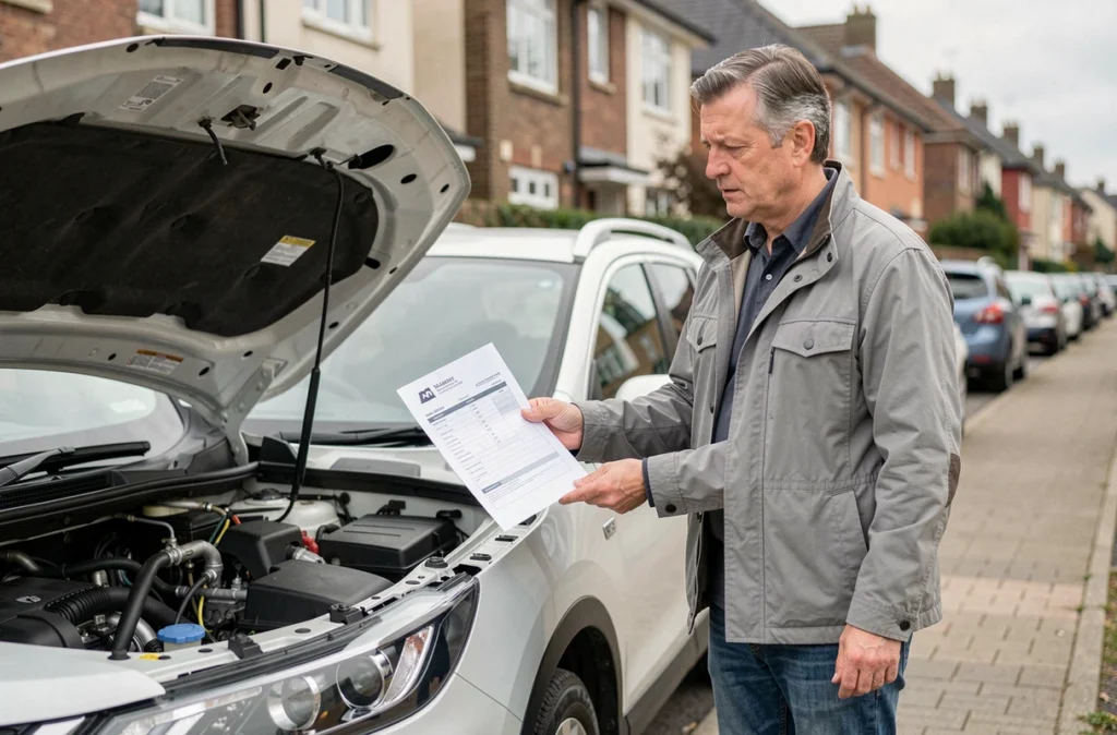 Acheteur particulier évaluant un Nissan Qashqai d'occasion avec un rapport historique en main lors d'une inspection moteur