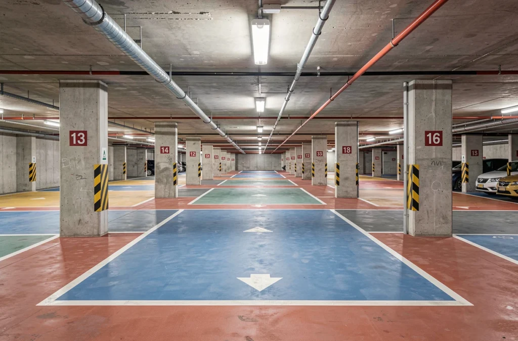 Allée d'un parking souterrain avec piliers numérotés et zones colorées
