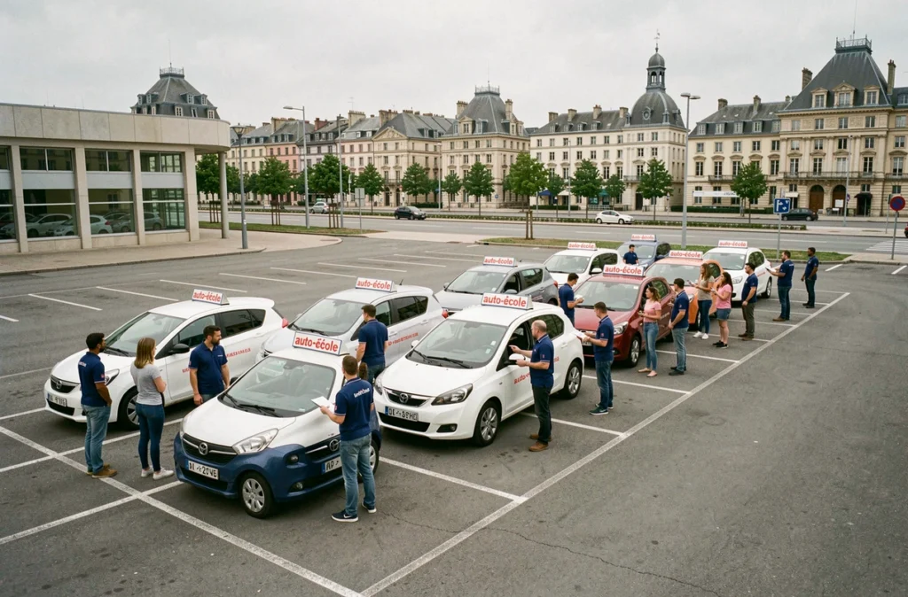 Flotte de véhicules et équipe de l'auto-école AEB Bourgogne à Dijon, la plus grande auto-école dijonnaise du classement