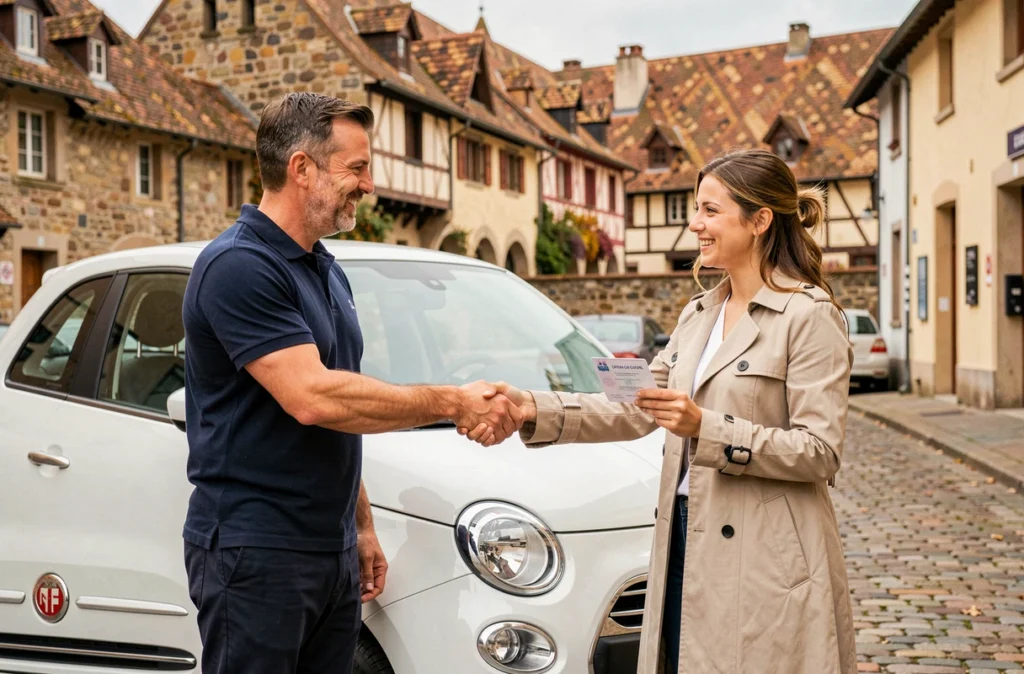 Moniteur et élève de Beaune Conduite devant un véhicule de formation avec les toits emblématiques de Beaune en arrière-plan