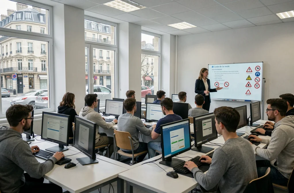 Salle de cours de l'auto-école Campus à Dijon avec des élèves en formation au code de la route sur ordinateurs