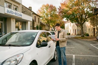 Vue générale d'une auto-école en Côte-d'Or avec un instructeur et un élève devant un véhicule d'apprentissage