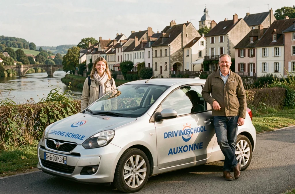 Élève et moniteur de l'auto-école Eden à Auxonne devant un véhicule de formation avec la ville en arrière-plan
