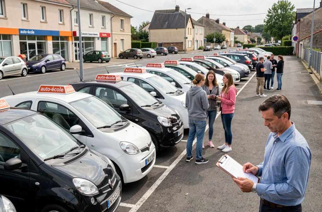 Parking animé de l'auto-école Eden à Genlis avec plusieurs véhicules de formation et des élèves en attente