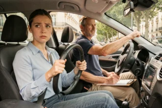Jeune femme en leçon de conduite avec un moniteur d'auto-école en Île-de-France, vue depuis l'intérieur d'un véhicule en milieu urbain parisien