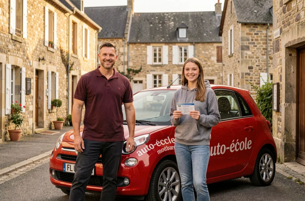 Instructeur et élève de l'auto-école Lanier à Montbard, avec un véhicule de formation et une rue typique de la ville