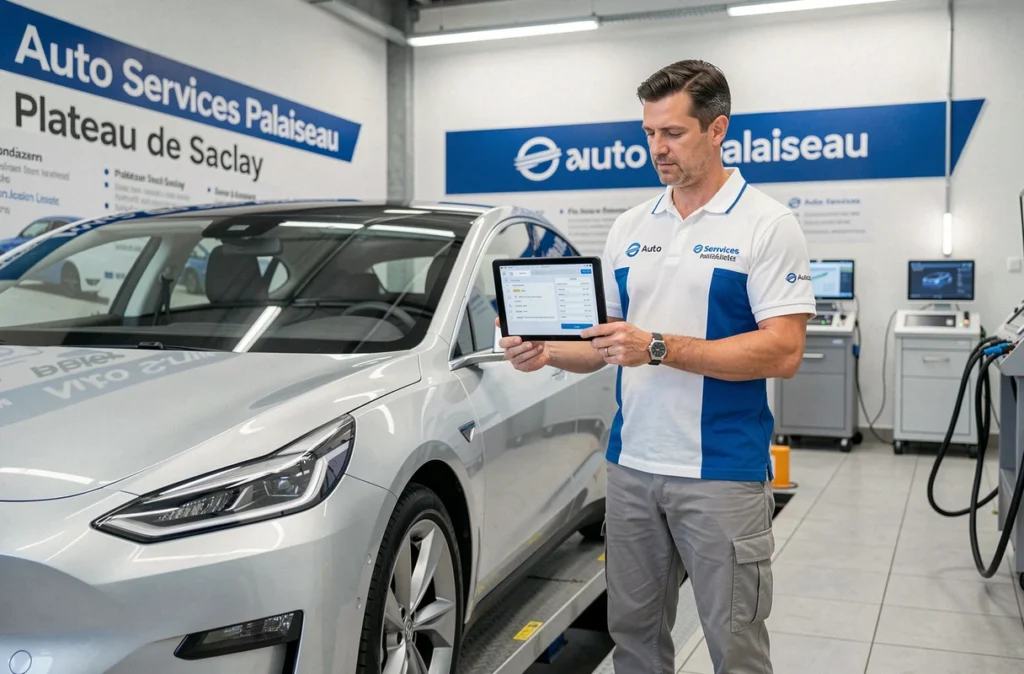 Technicien Auto Services Palaiseau avec une voiture électrique sur rampe d'inspection au centre du Plateau de Saclay