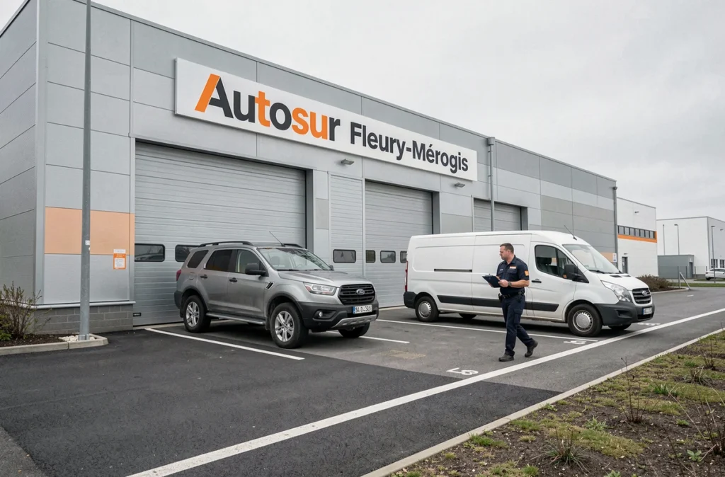 Technicien Autosur se dirigeant vers un véhicule utilitaire dans la zone industrielle Croix Blanche à Fleury-Mérogis