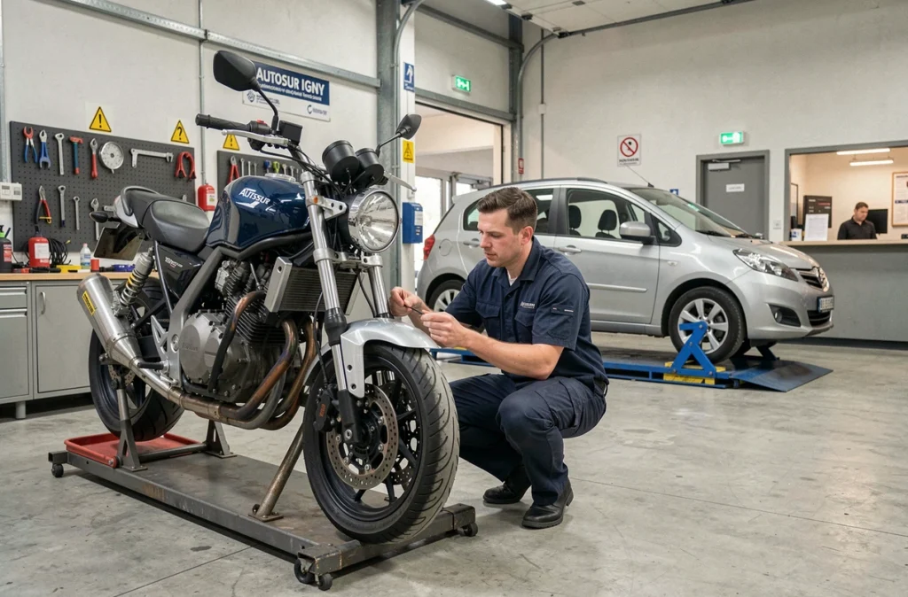 Technicien Autosur Igny inspectant une moto sur stand spécialisé avec une voiture sur élévateur en arrière-plan