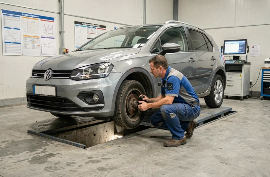 Technicien Autosur Mennecy vérifiant les freins et la suspension d'une voiture au centre de contrôle technique du sud Essonne