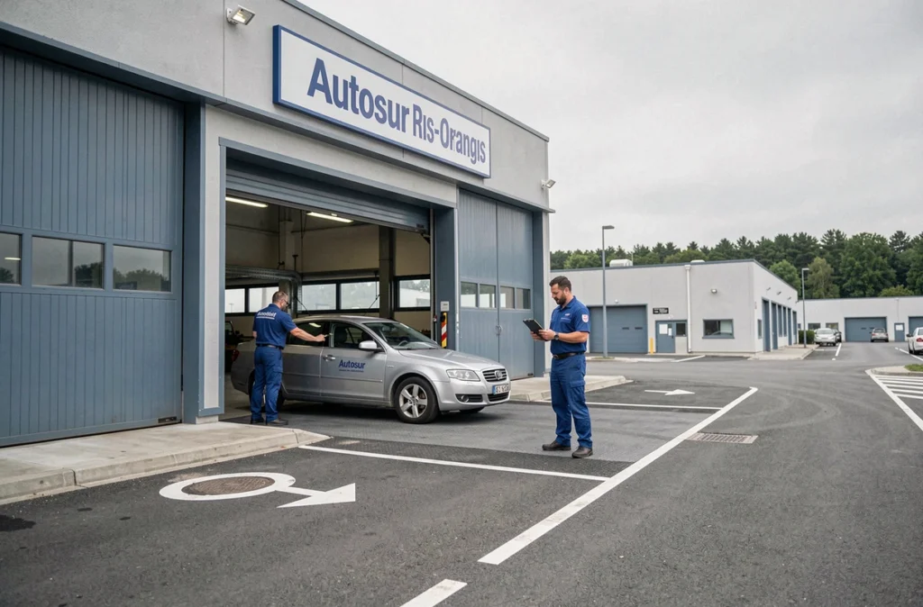 Deux techniciens Autosur guidant une voiture à l'entrée du centre de contrôle technique de Ris-Orangis en Essonne