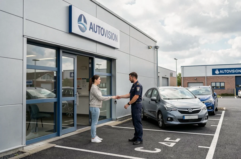 Façade du centre Autovision agréé à Corbeil-Essonnes avec une cliente remettant ses clés à un technicien à l'entrée