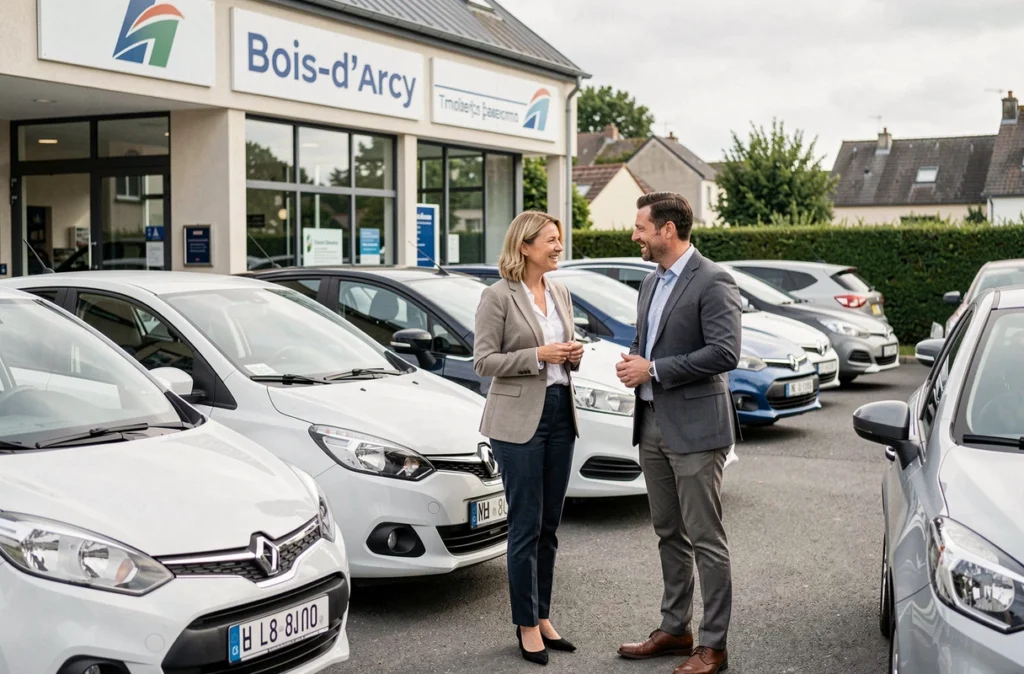 Conseillère et client devant le showroom By Autos à Bois-d'Arcy