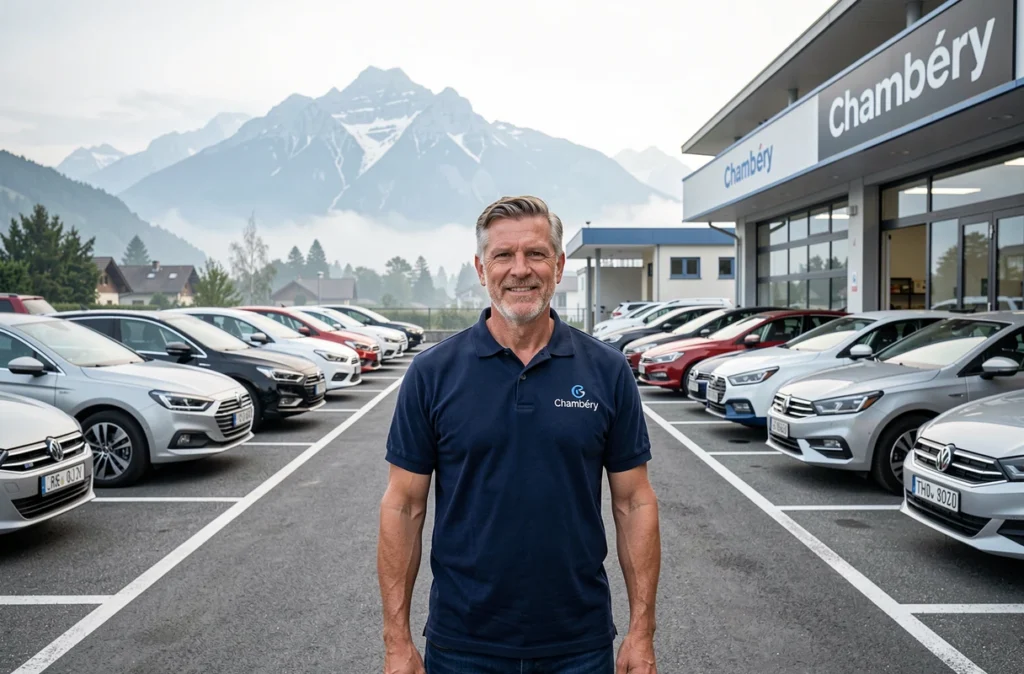 Propriétaire de la Carrosserie AD Chambéry devant une rangée de véhicules réparés avec le paysage savoyard en arrière-plan