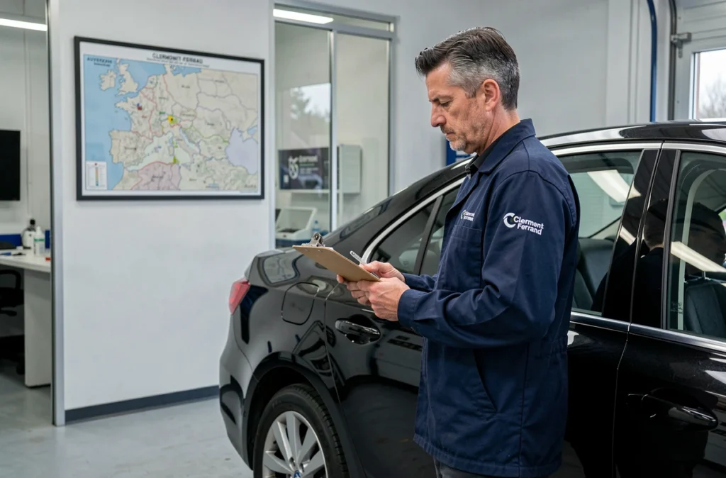 Technicien de la Carrosserie AD Clermont-Ferrand inspectant un véhicule avec un presse-papiers