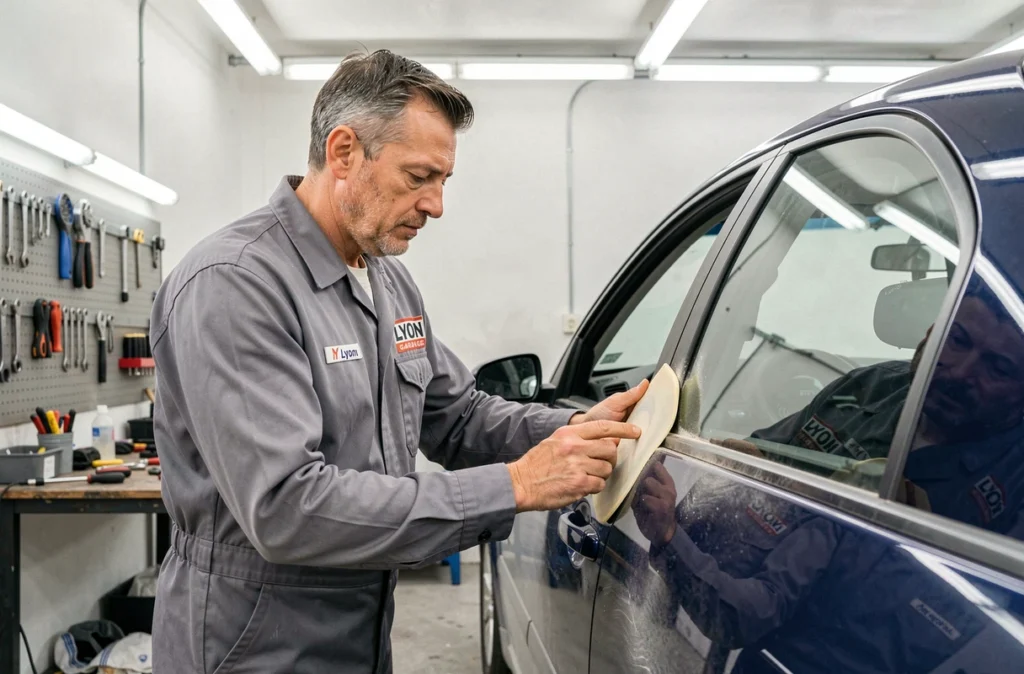 Technicien de la Carrosserie AD Lyon ponçant une portière de véhicule dans l'atelier
