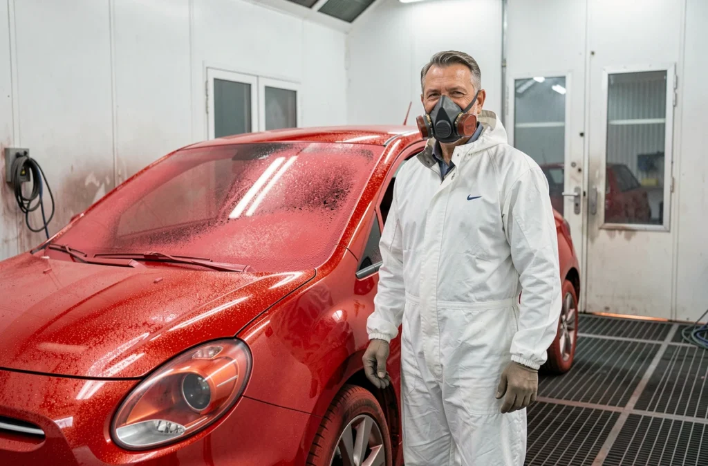 Technicien en combinaison de peinture de la Carrosserie AD Saint-Étienne devant un véhicule rouge dans une cabine de peinture