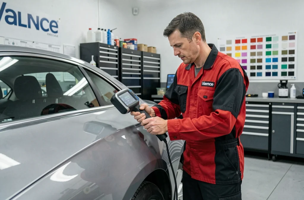 Technicien de la Carrosserie AD Valence effectuant un relevé de teinte avec un spectrophotomètre