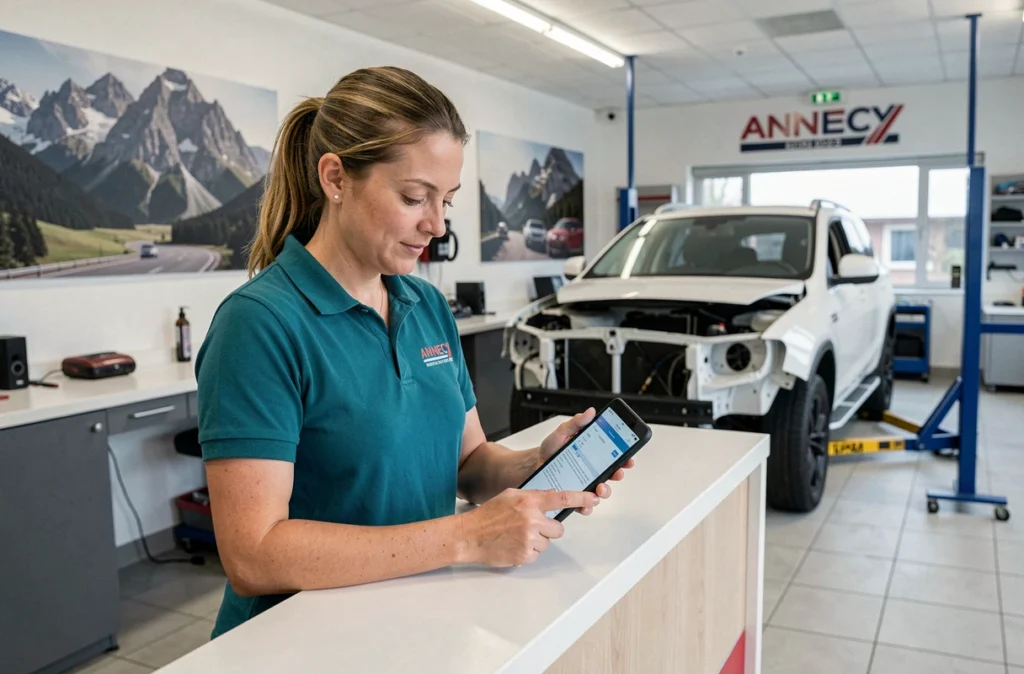 Responsable de la Carrosserie Beal à Annecy consultant une tablette au comptoir d'accueil de l'atelier
