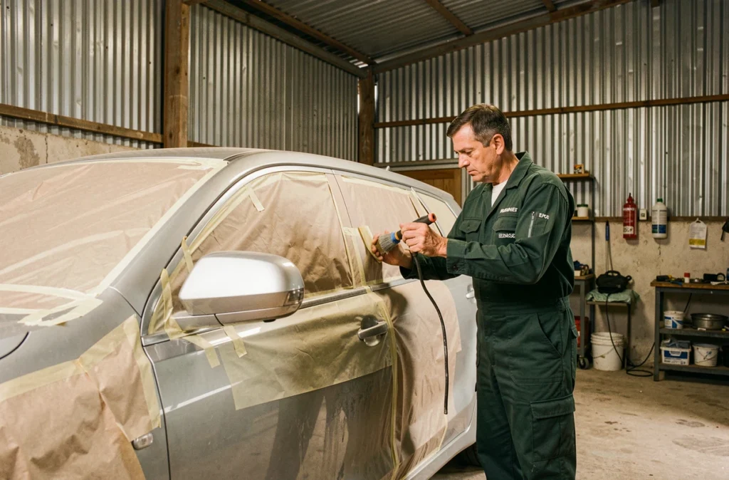 Technicien de la Carrosserie Buffat dans l'Ain masquant un SUV avant peinture