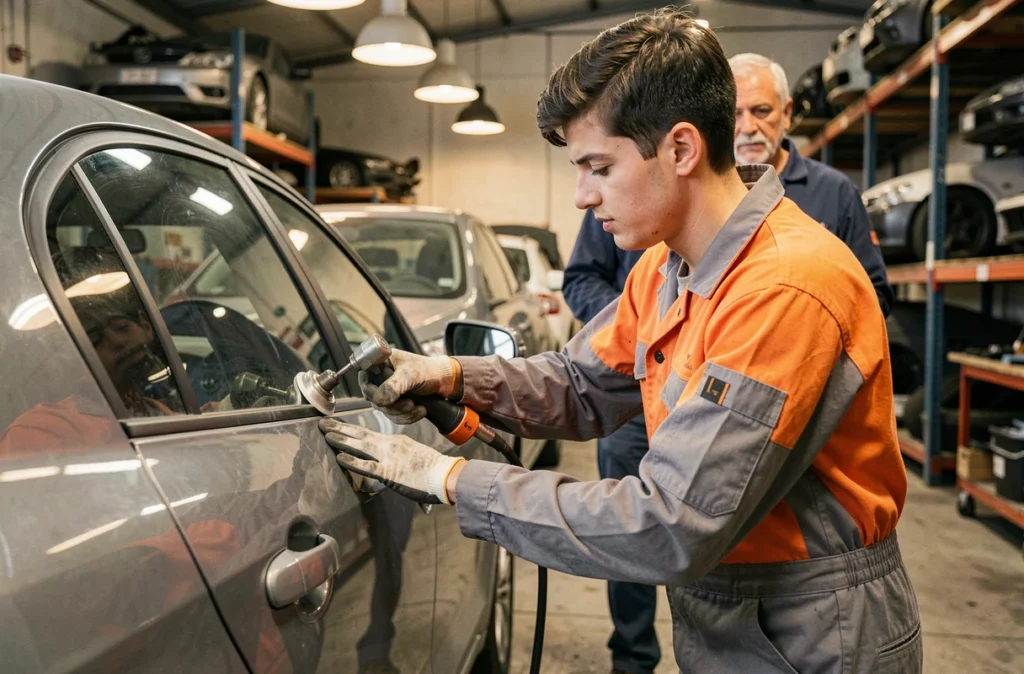 Apprenti de la Carrosserie Giganon à Lyon réalisant un débosselage sur une portière de voiture