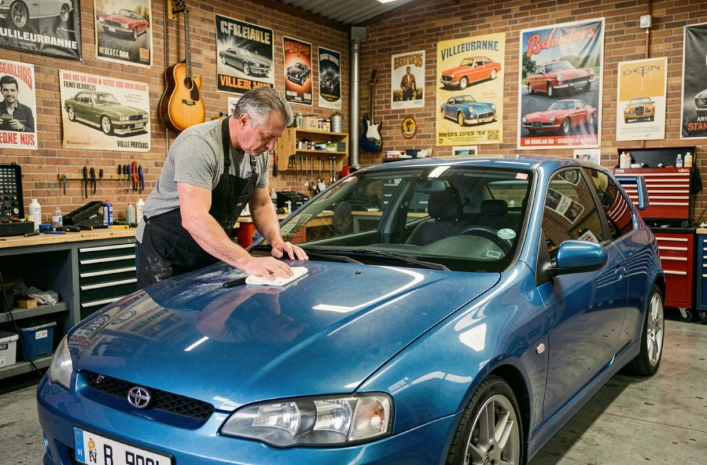 Spécialiste de la Carrosserie Music'Auto à Villeurbanne polissant le capot d'une voiture personnalisée dans un atelier créatif