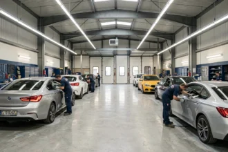 Atelier de carrosserie automobile en Auvergne-Rhône-Alpes avec plusieurs véhicules en cours de réparation