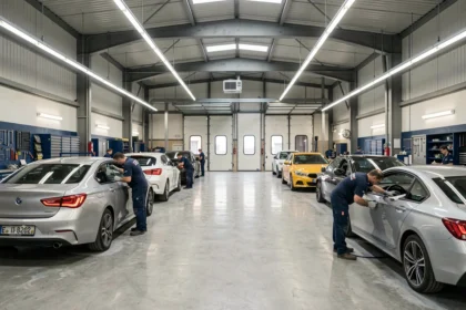 Atelier de carrosserie automobile en Auvergne-Rhône-Alpes avec plusieurs véhicules en cours de réparation