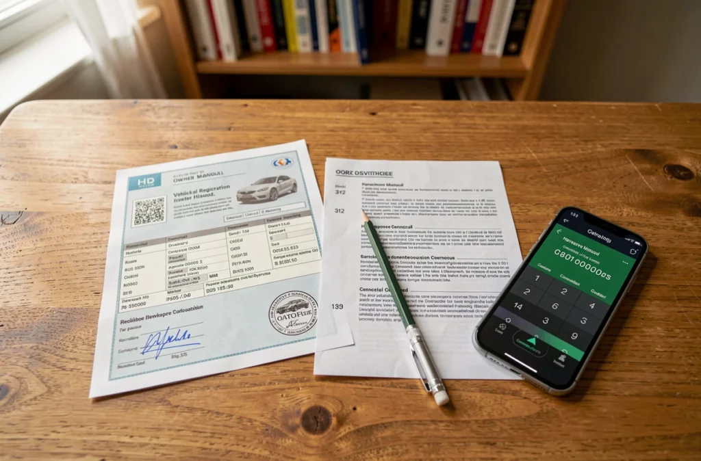 Carte grise et manuel automobile sur un bureau avec une calculatrice de conversion de puissance, représentant les notions de chevaux fiscaux, chevaux DIN et kilowatts