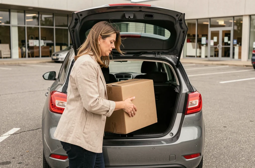 Femme chargeant un grand carton dans le coffre d'un break Peugeot 308 SW devant un magasin