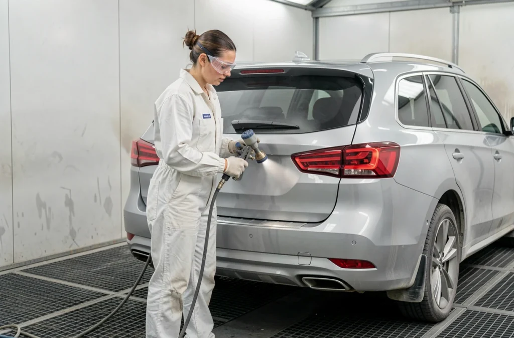 Technicienne en carrosserie appliquant de la peinture chez Chris Carrosserie dans les Yvelines