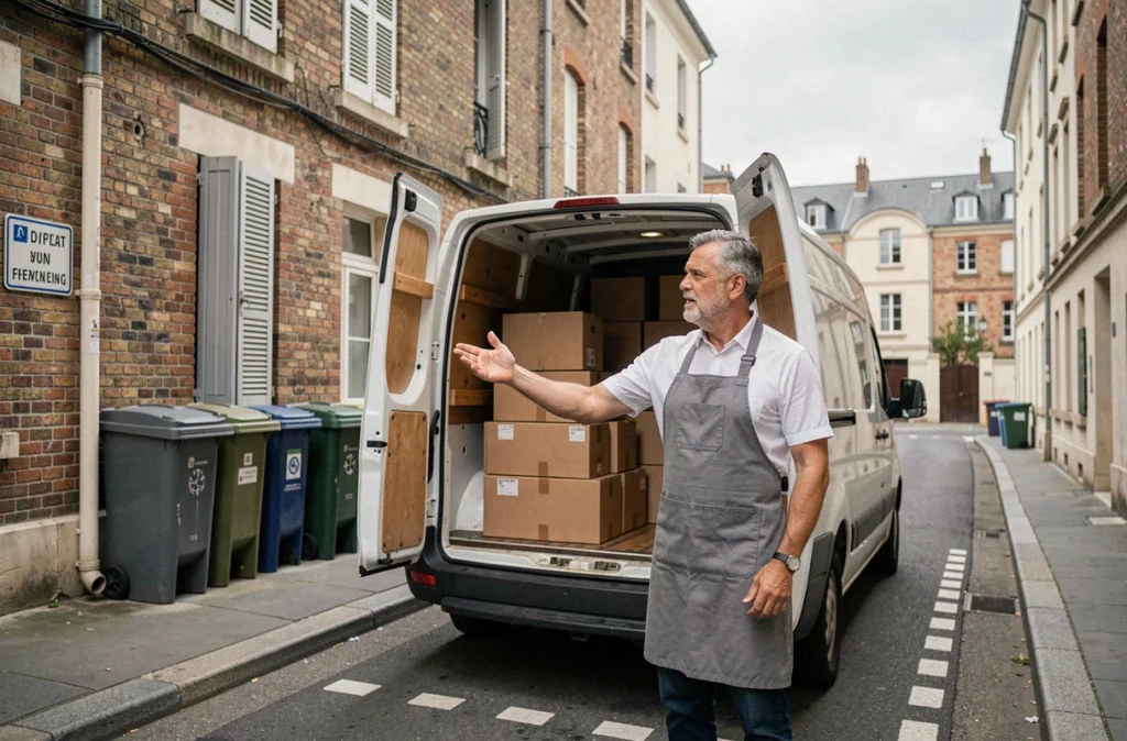 Commerçant en tablier gris expliquant les règles d'une place de livraison en pointillés blancs dans une ruelle urbaine française, debout devant un camion de livraison chargé de cartons