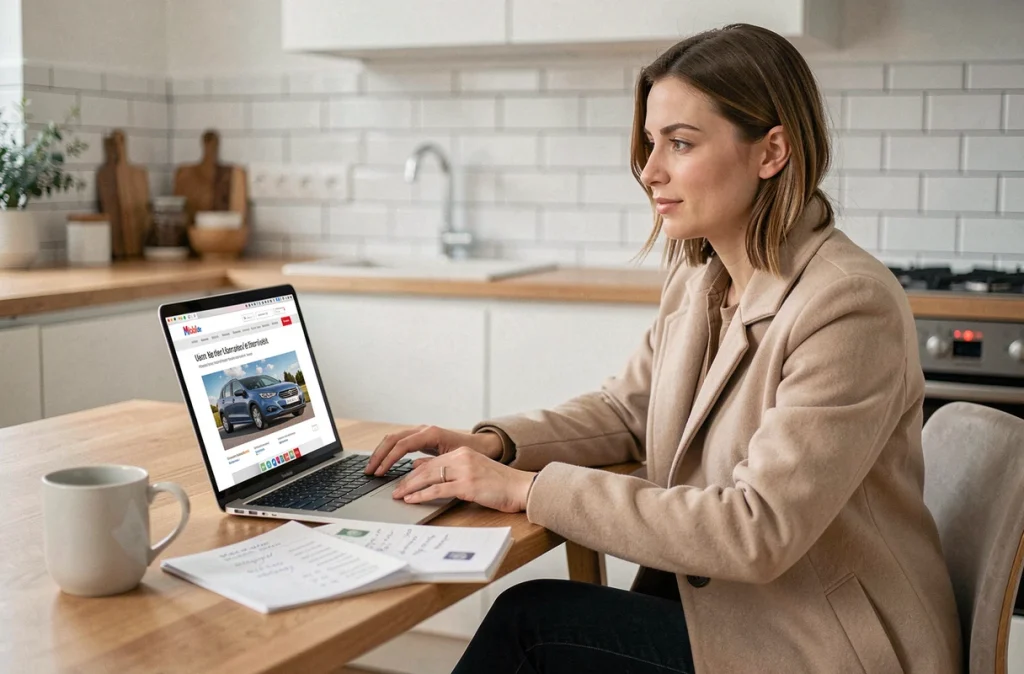 Femme comparant des offres de voitures sur un site allemand depuis chez elle, calculant la TVA applicable à l'achat