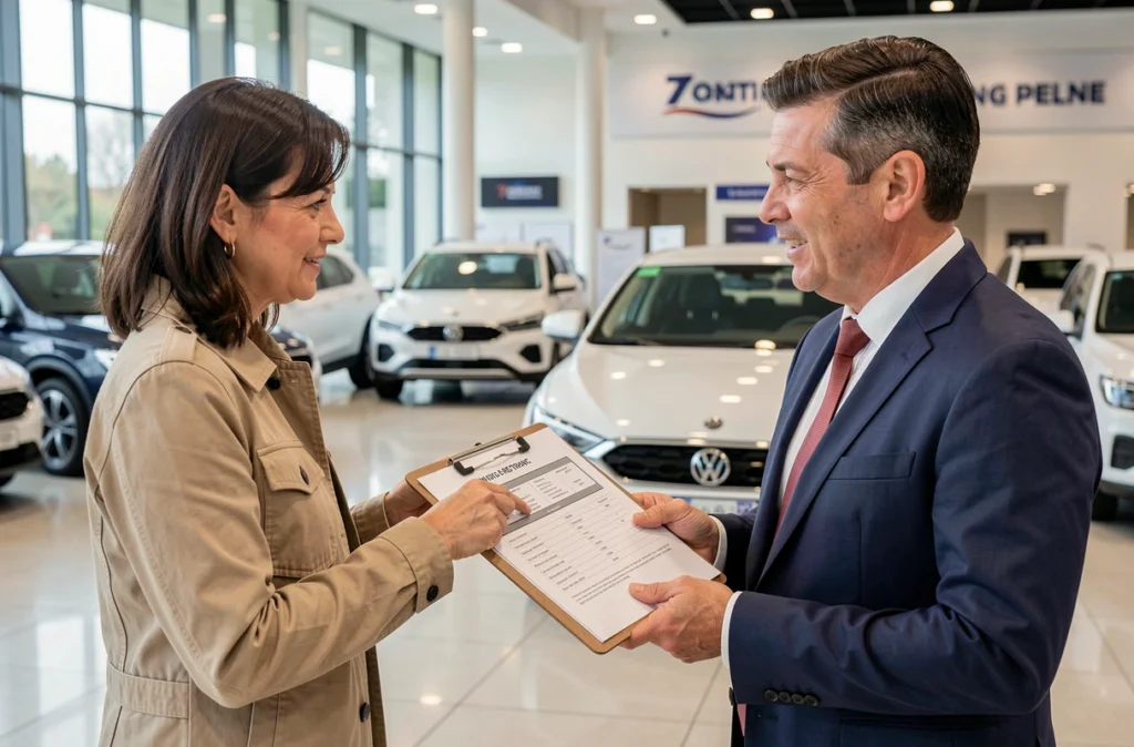 Acheteuse de voiture et vendeur en concession automobile consultant une fiche technique avec les données de puissance en chevaux fiscaux et kilowatts