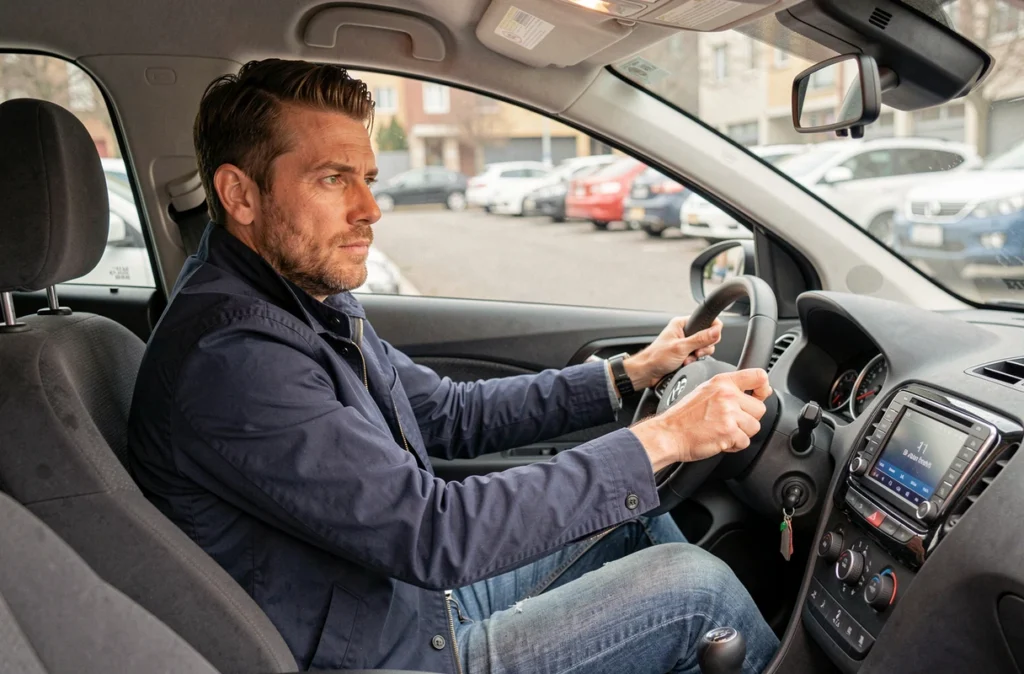 Homme assis au volant d'une citadine compacte française, évaluant l'intérieur du véhicule, tableau de bord et habitacle réalistes