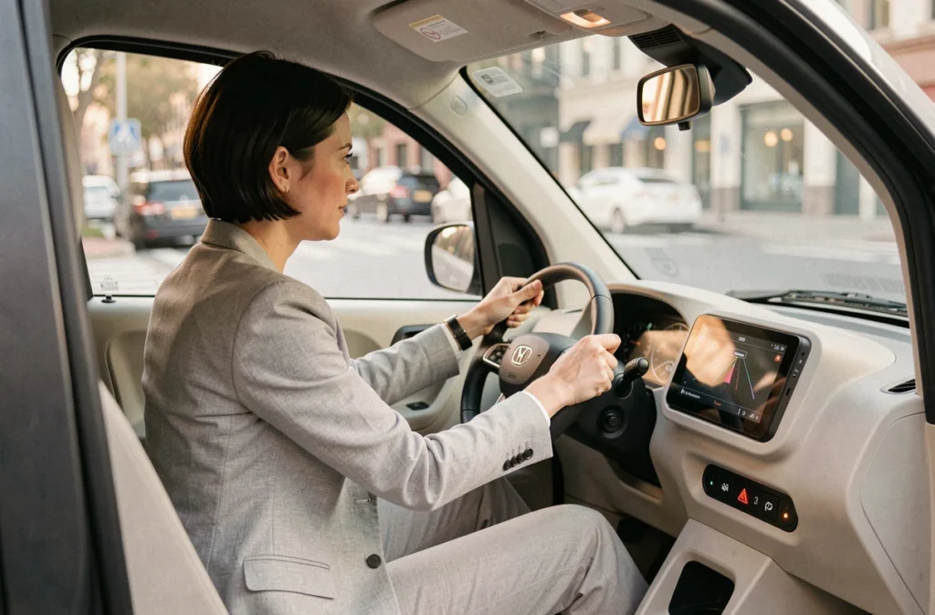 Femme au volant d'une voiture sans permis moderne consultant un tableau de bord numérique d'aide à la conduite