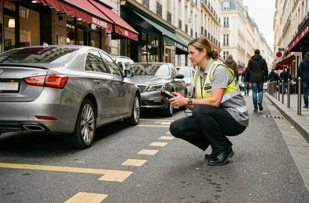 Contrôleure de stationnement en gilet officiel verbalisent une voiture mal garée sur une zone de livraison en pointillés jaunes dans une rue commerçante urbaine