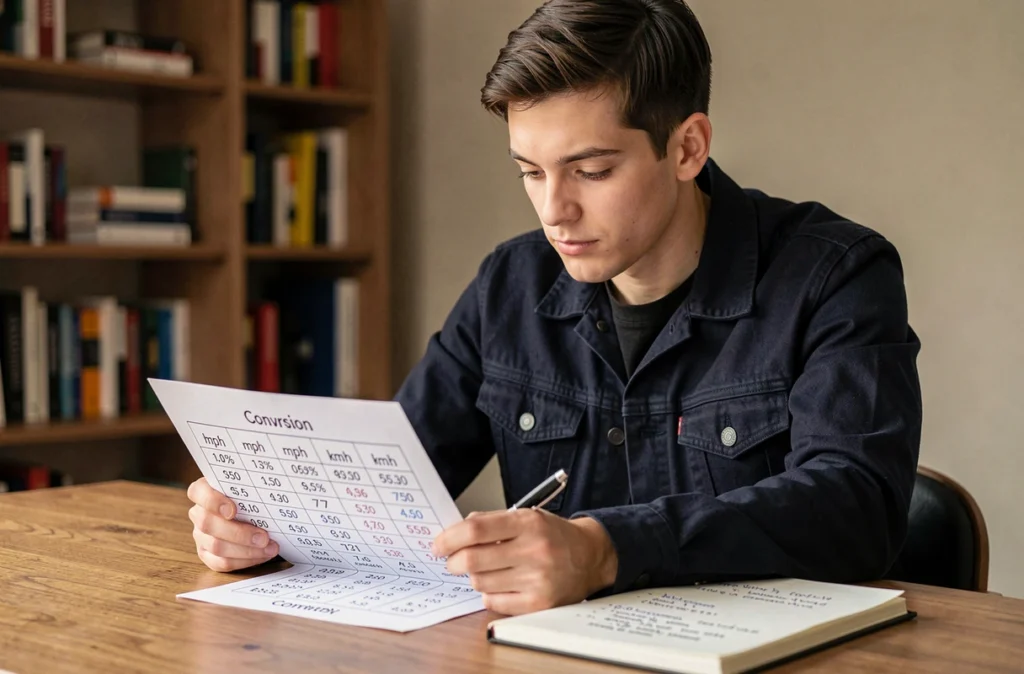 Homme consultant un tableau de conversion de vitesse mph en km/h à son bureau