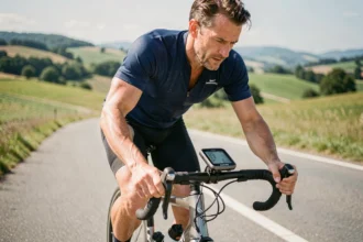 Cycliste masculin consultant son compteur de vitesse affichant mph et km/h sur route asphaltée en campagne européenne
