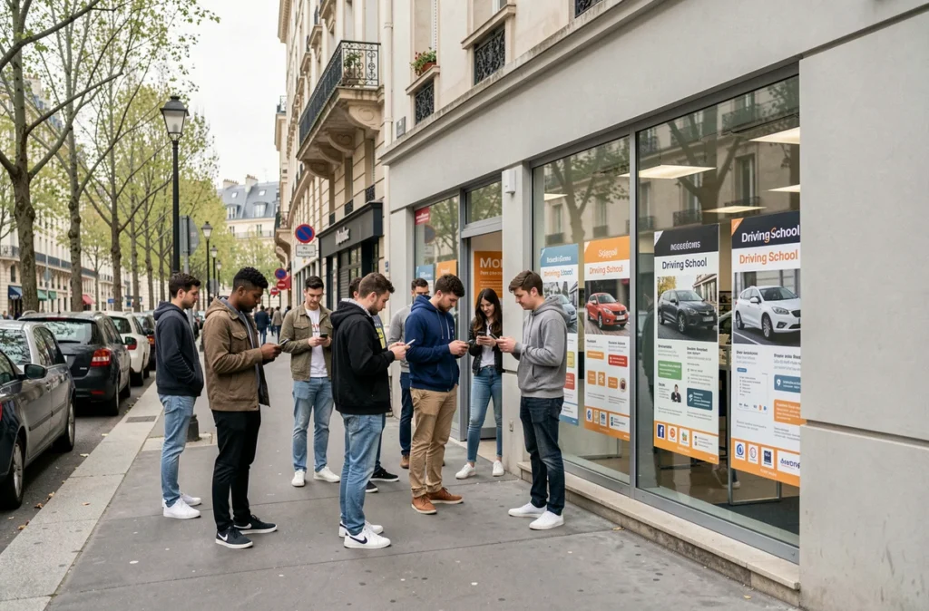 Devanture d'une auto-école parisienne en Île-de-France avec des jeunes adultes attendant devant l'entrée sur un boulevard urbain