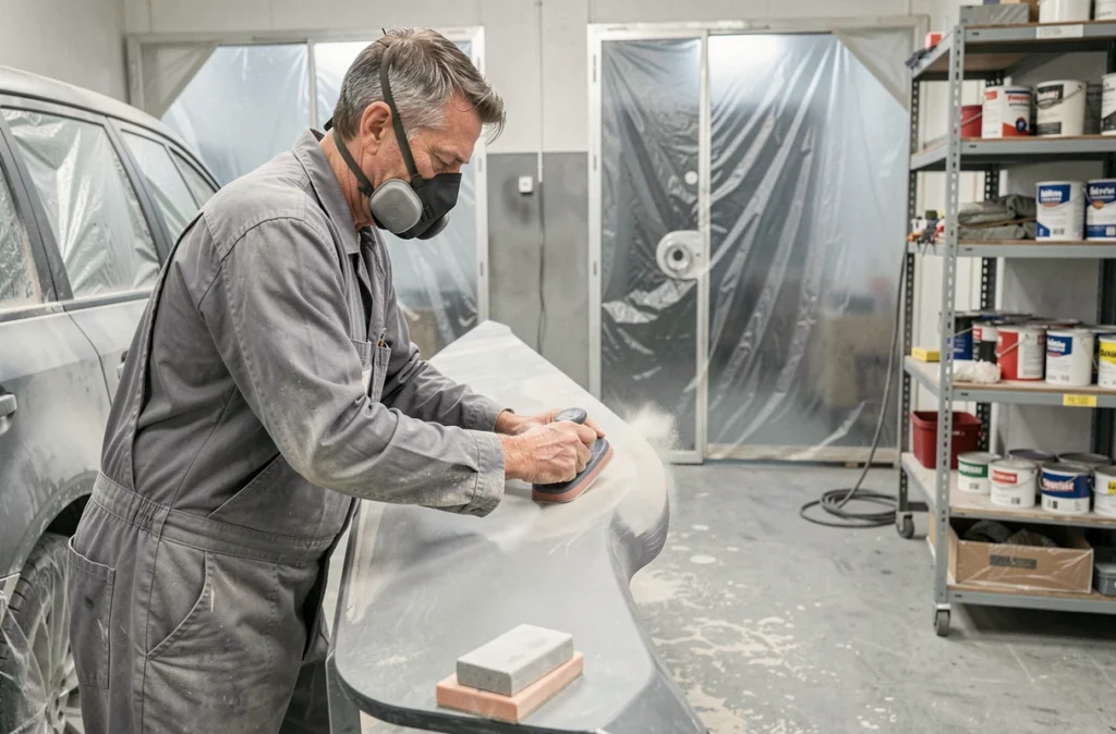 Carrossier préparant une portière pour peinture chez D.G.M. Auto dans les Yvelines