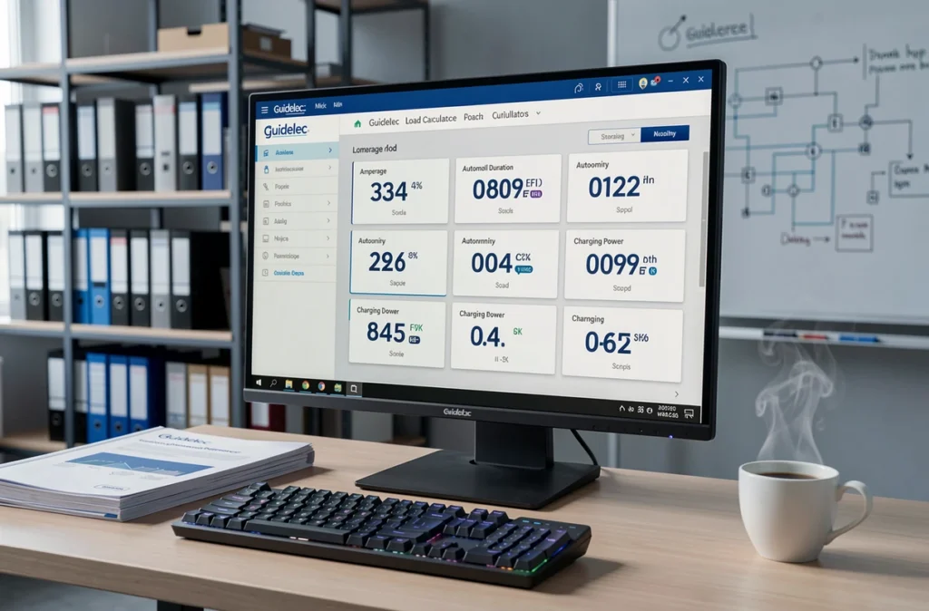 Écran d'ordinateur affichant un calculateur de charge guidelec avec données d'autonomie et de puissance dans un bureau d'ingénierie électrique