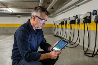 Électricien consultant un calculateur de charge guidelec sur tablette devant une borne de recharge véhicule électrique en parking souterrain