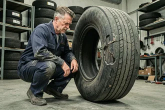 Technicien professionnel examinant une erreur de montage sur un pneu maxityre dans un atelier de réparation