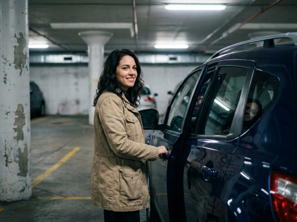 Femme d'une trentaine d'années ouvrant la portière conducteur d'un Nissan Qashqai bleu foncé dans un parking souterrain urbain, illustrant la praticité du SUV au quotidien