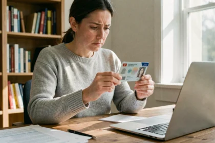 Femme examinant attentivement son numéro de formule sur une carte d'identité française à son bureau à domicile