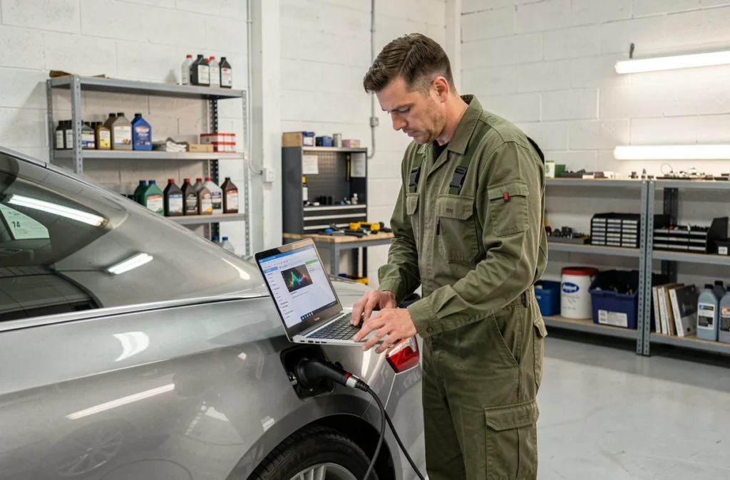 Technicien effectuant un diagnostic électronique au Garage FCR dans les Yvelines
