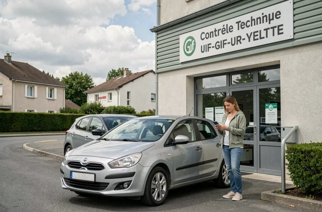 Cliente consultant son téléphone devant sa voiture à l'entrée du centre agréé Gif Contrôle Technique Auto à Gif-sur-Yvette