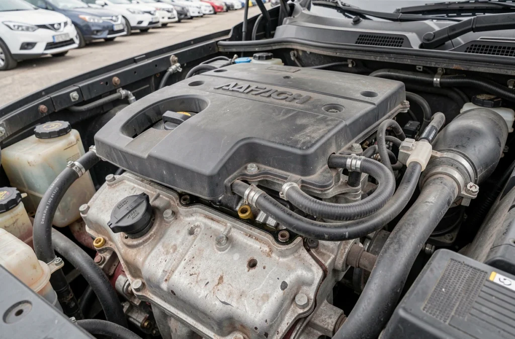 Gros plan sur le bloc moteur d'un Nissan Qashqai d'occasion montrant les composants détaillés et l'usure normale